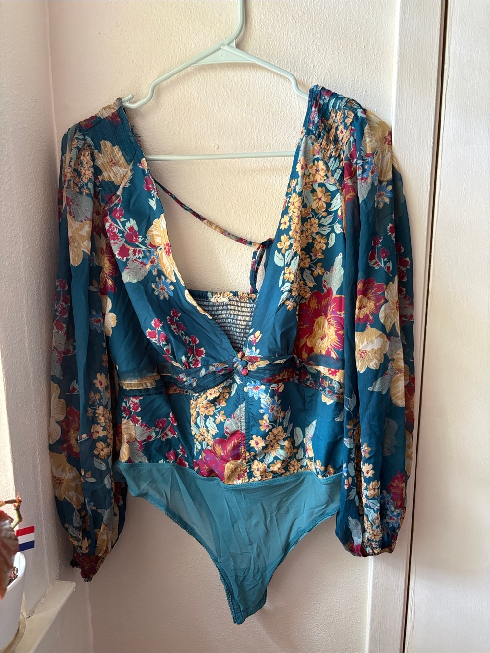 Free People Floral Teal Long-Sleeve Wrap Bodysuit